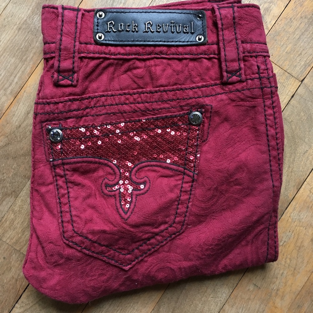 RARE, Rock revival, red sequin paisley jeans.